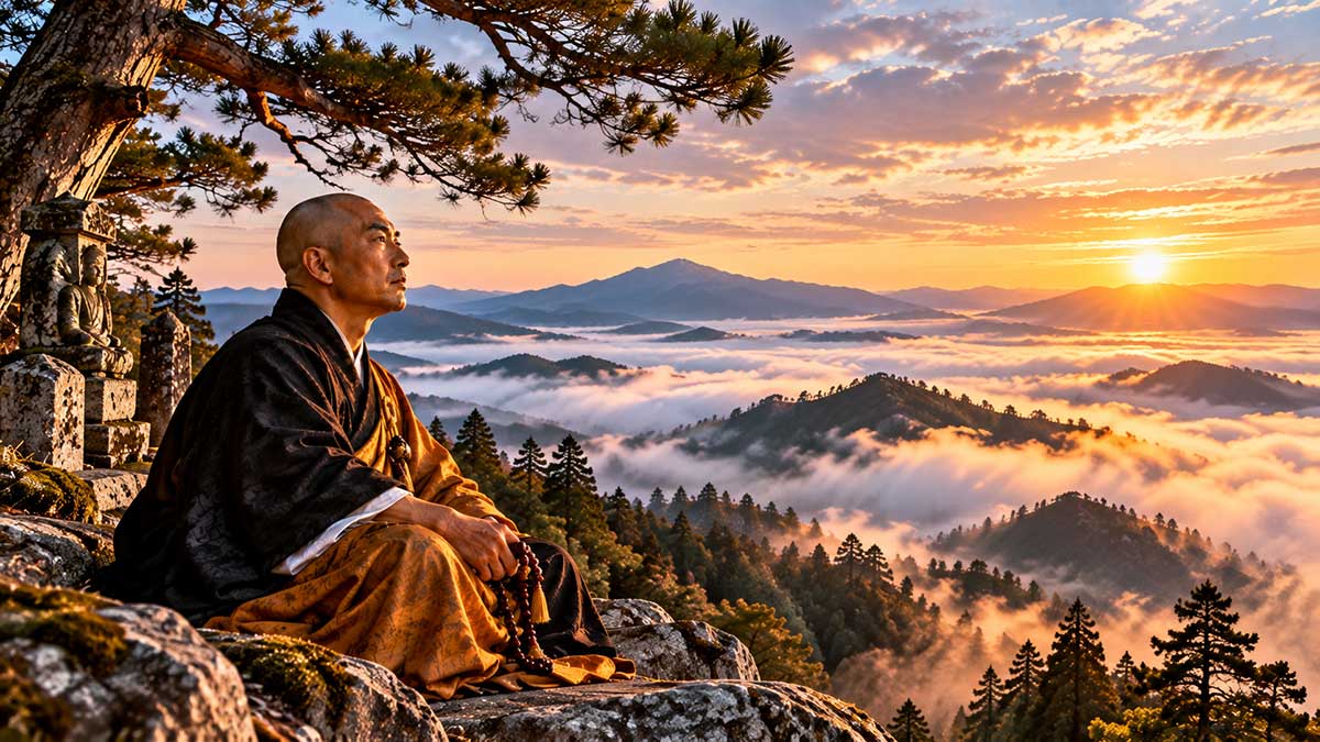 Monk-Overlooking-a-Golden-Sea-of-Clouds