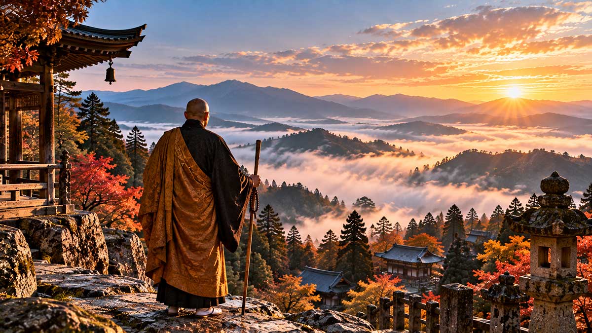 Monk-Overlooking-a-Misty-Mountain-Sunrise
