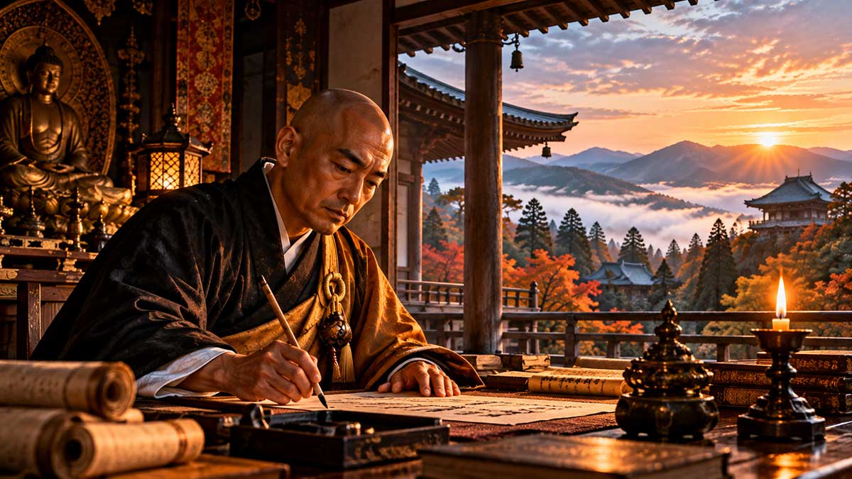 Monk-Writing-at-Sunset-Temple